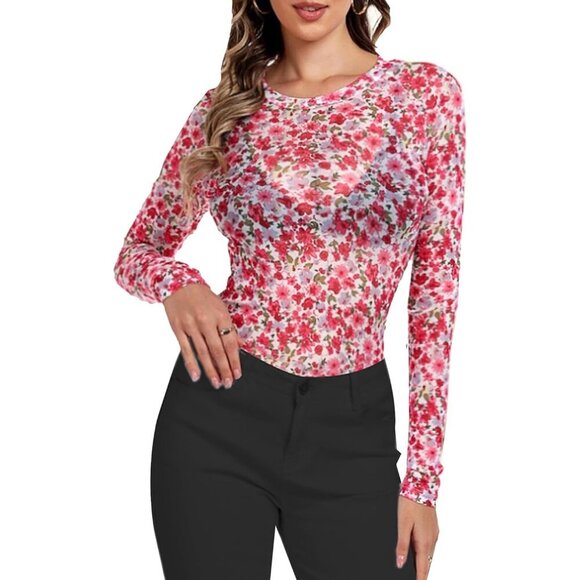 🆕Women Pinky White Floral Mesh Top Crew Neck Long Sleeve Polyester Sexy Tee - Picture 1 of 6